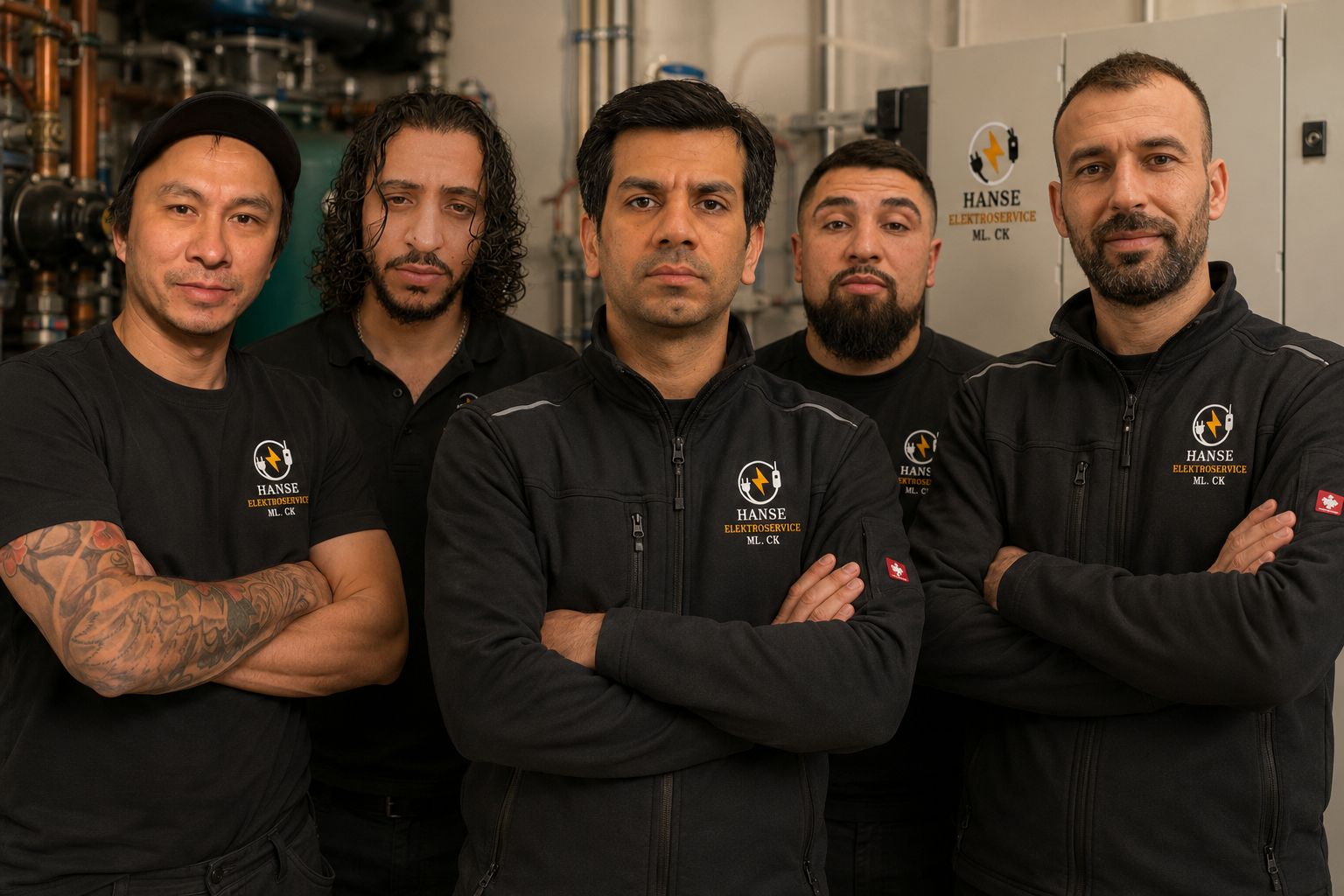 Team der Hanse Elektroservice MI.CK GmbH in Arbeitskleidung vor technischer Anlage