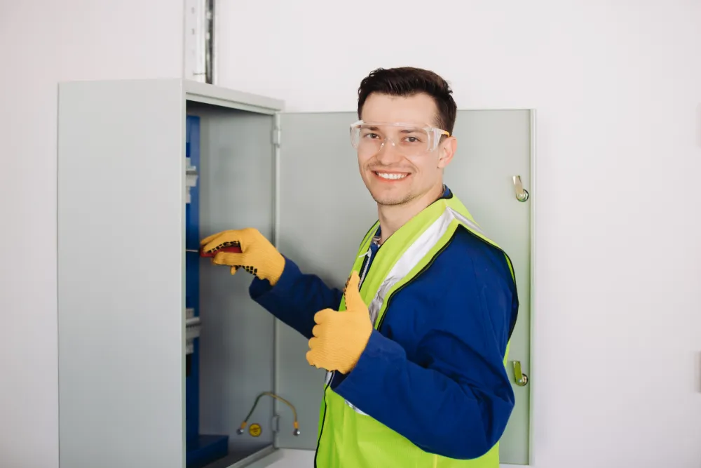 Junger Monteur der Hanse Elektroservice MI.CK GmbH bei der Arbeit
